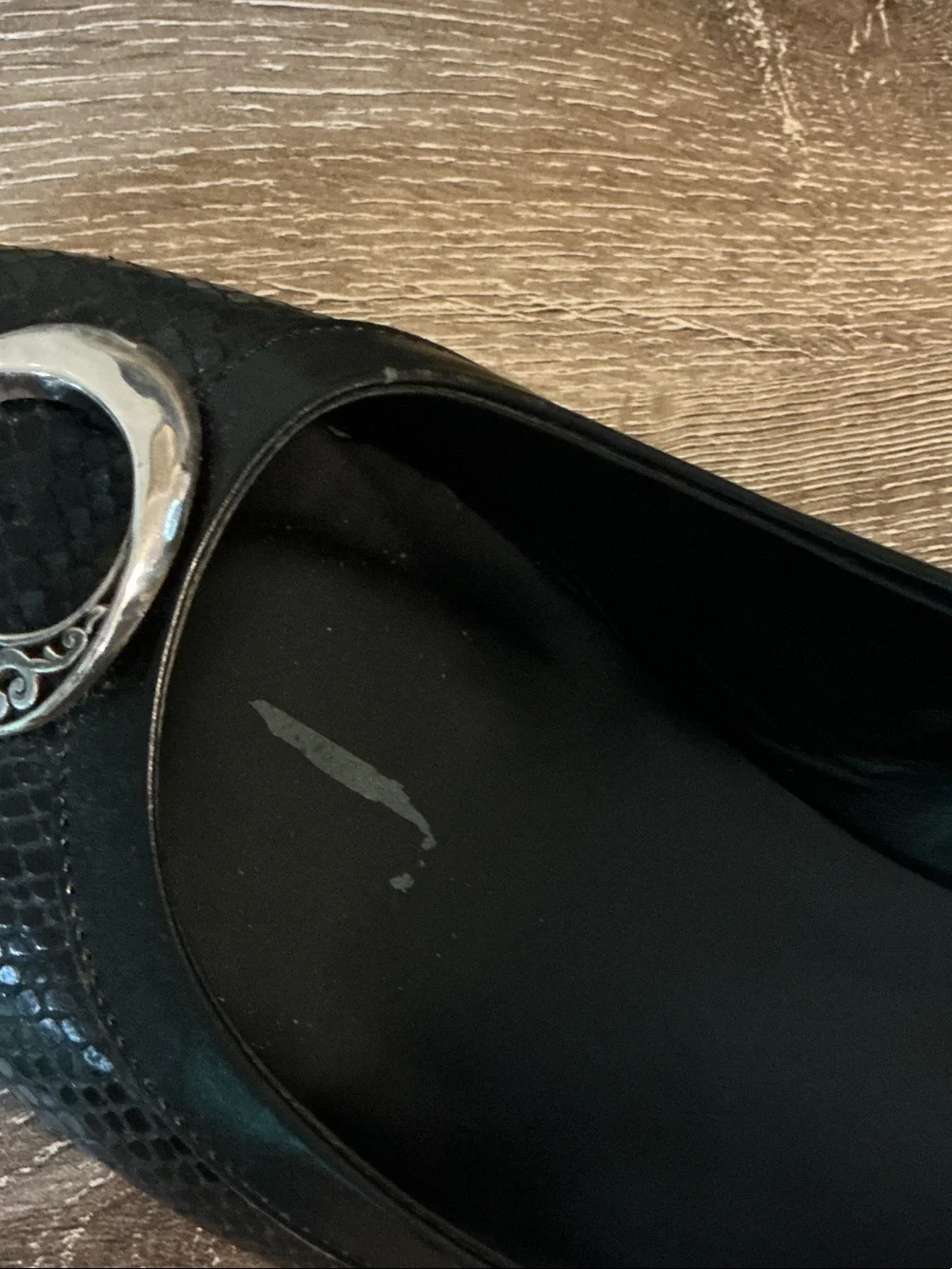 Brighton Nelly Black Snake Print Leather Peep-Toe Wedge Heels Sz 9 9.5 Silver